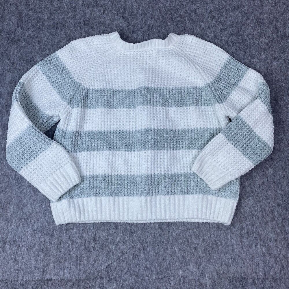 Bearpaw Women’s Chenille Sweater Chunky Knit Striped White & Gray Size Large - Picture 9 of 11